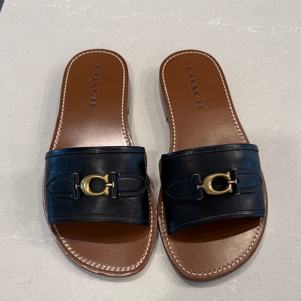 Coach Black and Brown Leather Slide Sandals